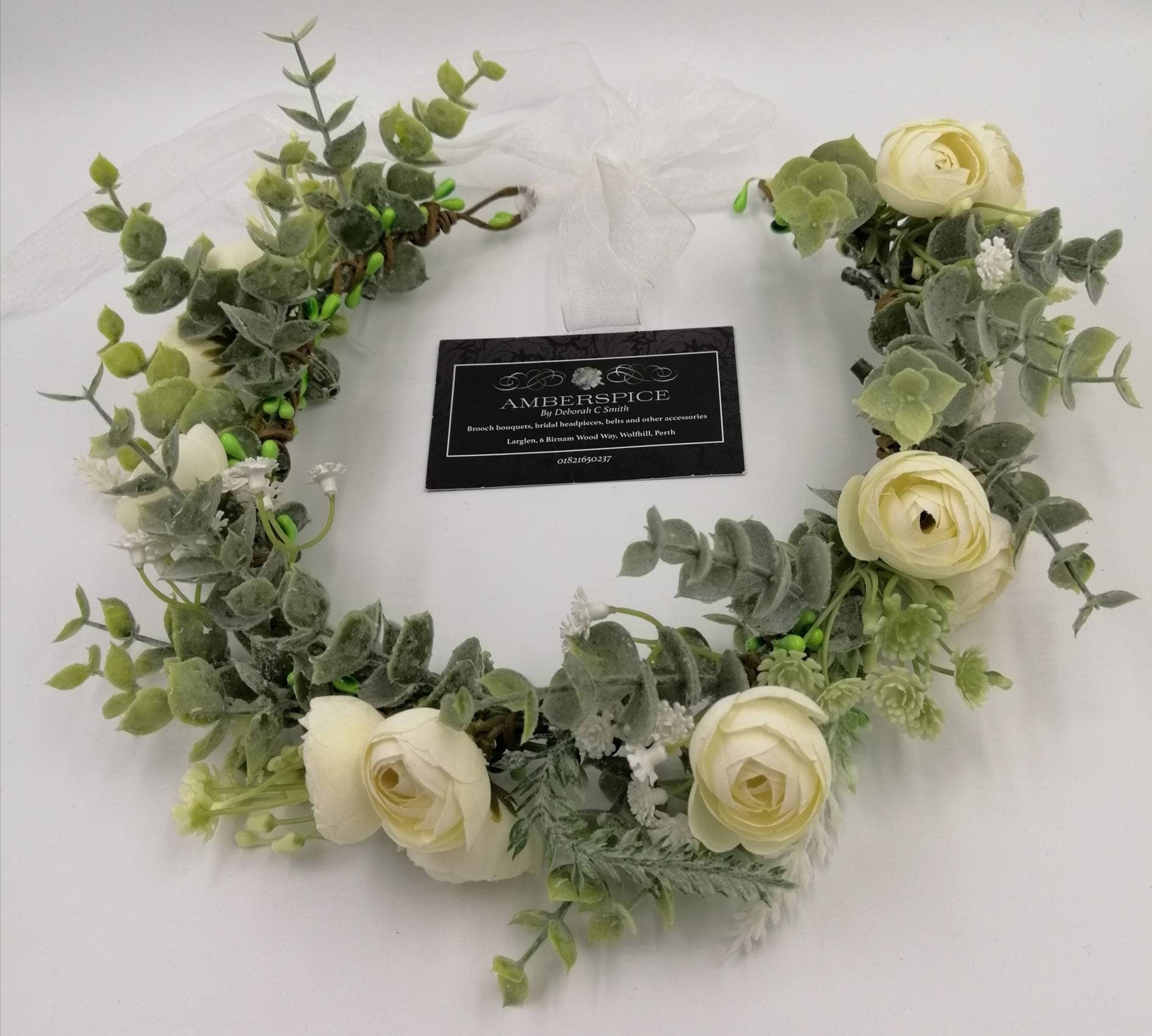 Artificial Eucalyptus Ranunculus Flower Crown, Ivory Organza Ribbon, Bridal Headpiece
