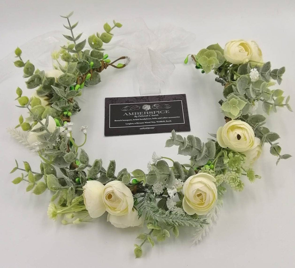 Artificial Eucalyptus Ranunculus Flower Crown, Ivory Organza Ribbon, Bridal Headpiece