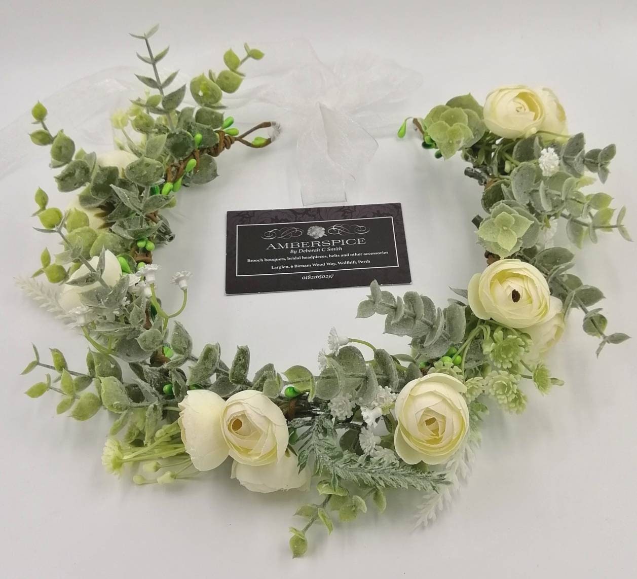Artificial Eucalyptus Ranunculus Flower Crown, Ivory Organza Ribbon, Bridal Headpiece