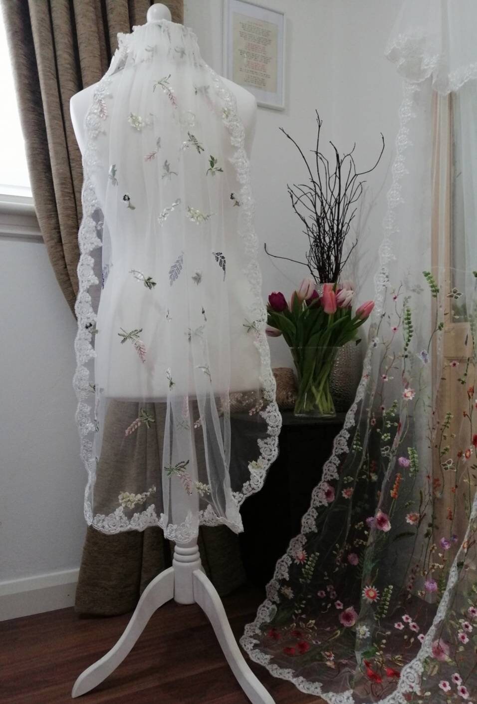 Flower veil, Floral veil ,secret garden veil, boho veil,  wild flower veil, embroidered veil, flower and fawna, romantic veil,bridal veil