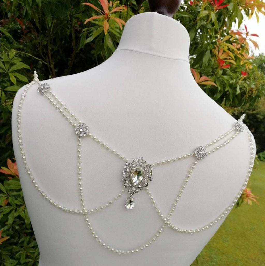 Bridal Back Drape, Clear Crystal Gatsby Necklace, Ivory Pearl Dress Adornment