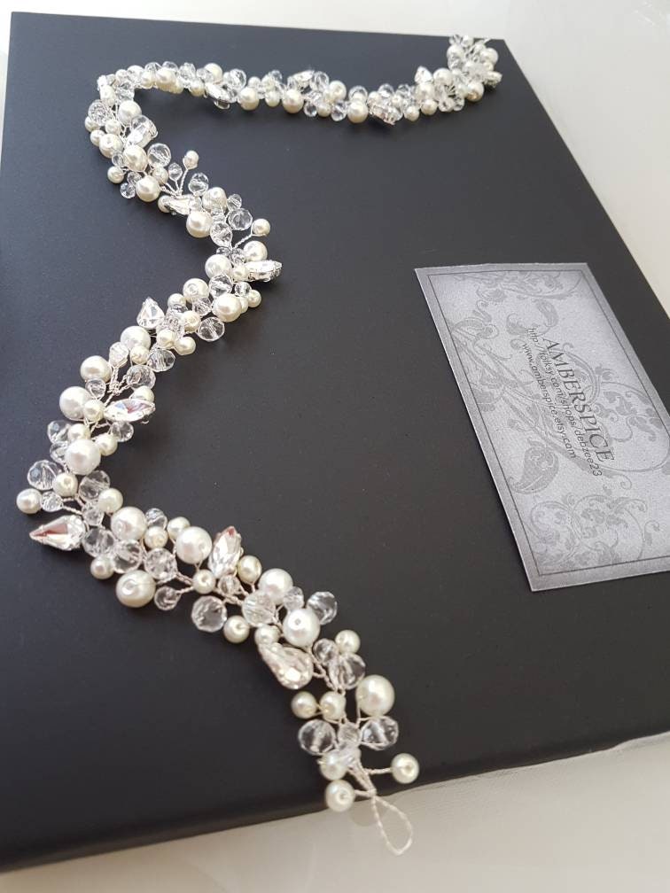 Hair vine, bridal pearl vine, crystal and pearl circlet, pearl vine,diamante vine, bridal halo, bohemian headpiece,  wedding hair accessory,