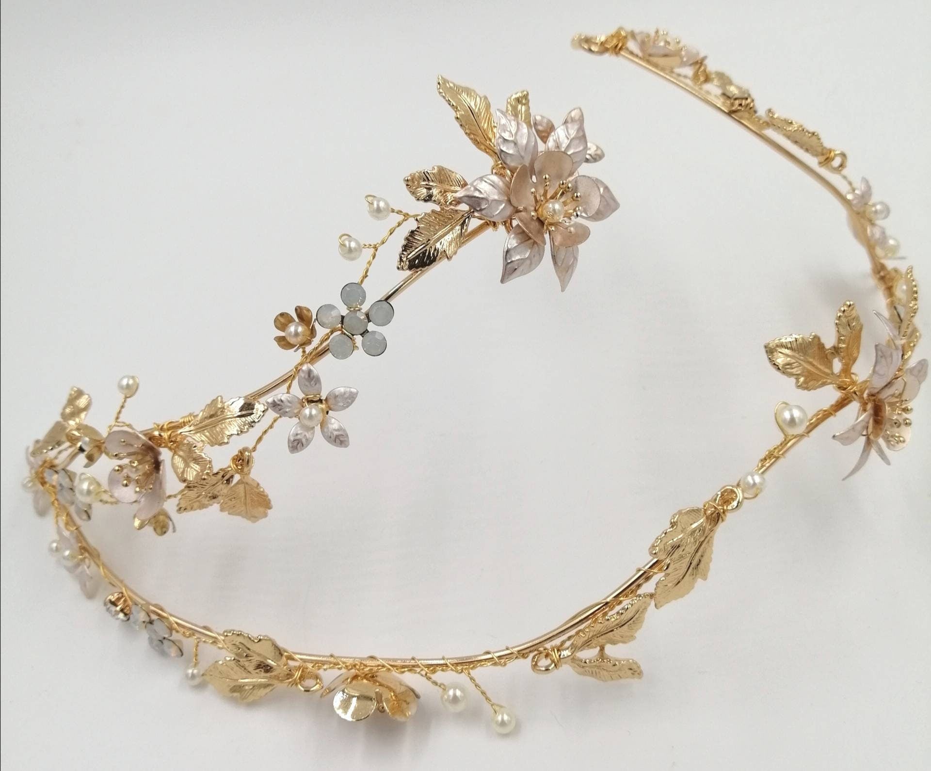 Bridal headpiece, tiara, flower vine, forehead vine, gold headpiece, flower and leaf crown, scull cap hair accessory, pearl and gold vine