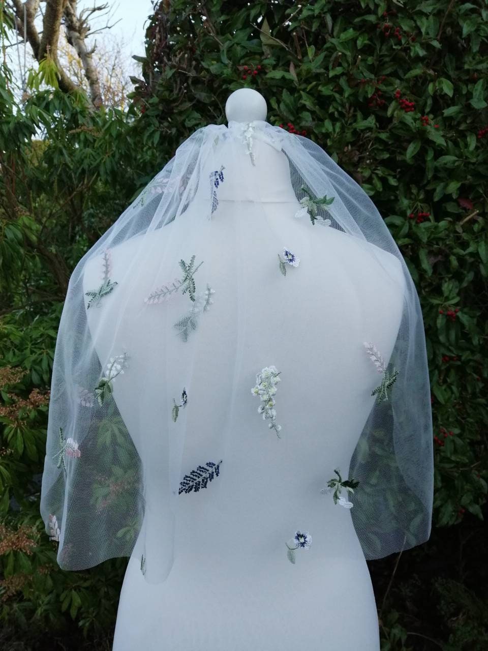 Flower veil, Floral veil ,shoulder length, pansy veil, boho veil,  wild flower veil, embroidered veil, short veil, veil,