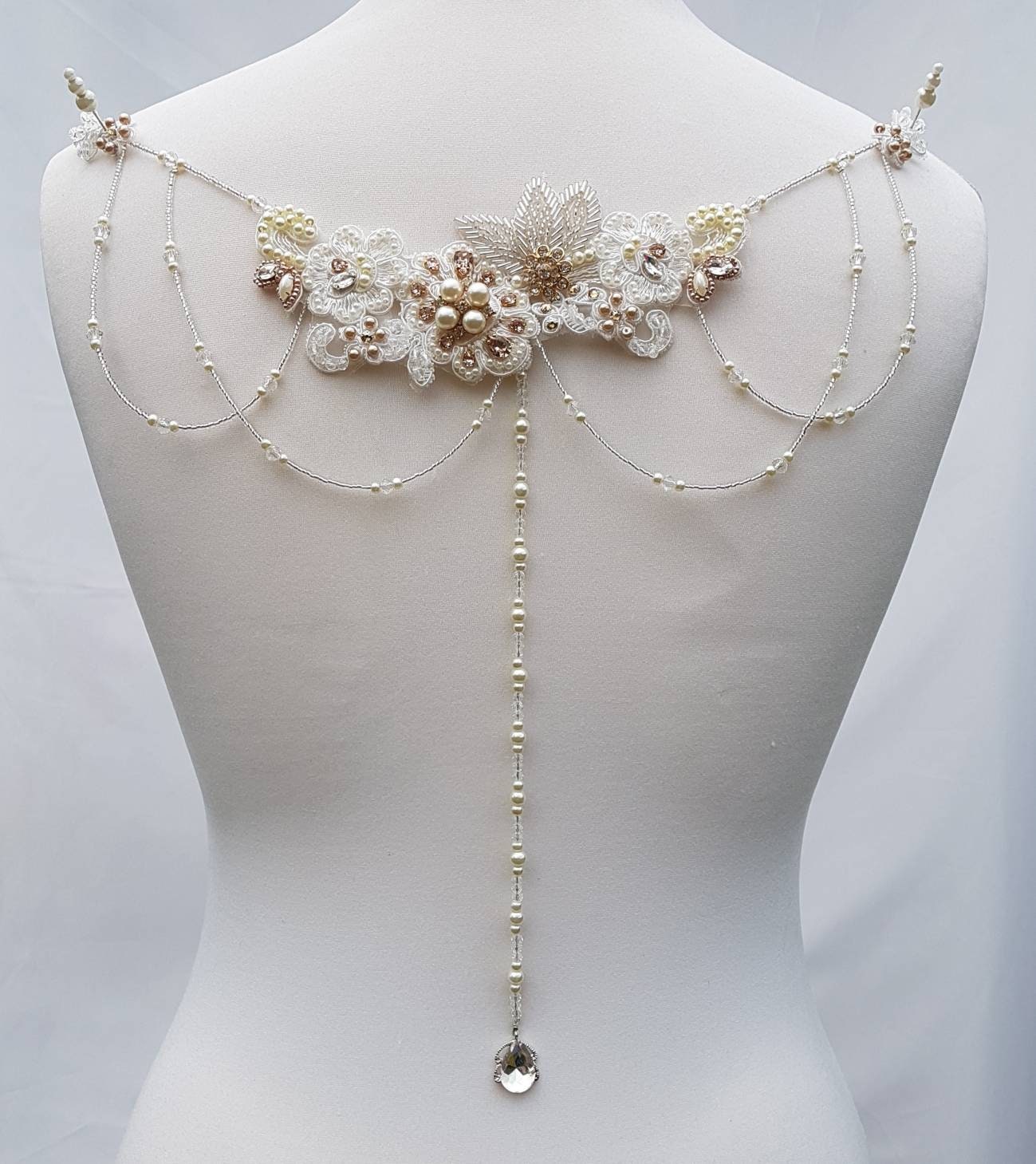 Back drape,lace drape, backless dress drape, beaded drape, dress adornment, crystal drapes, wedding dress drapes, dress embellishment,