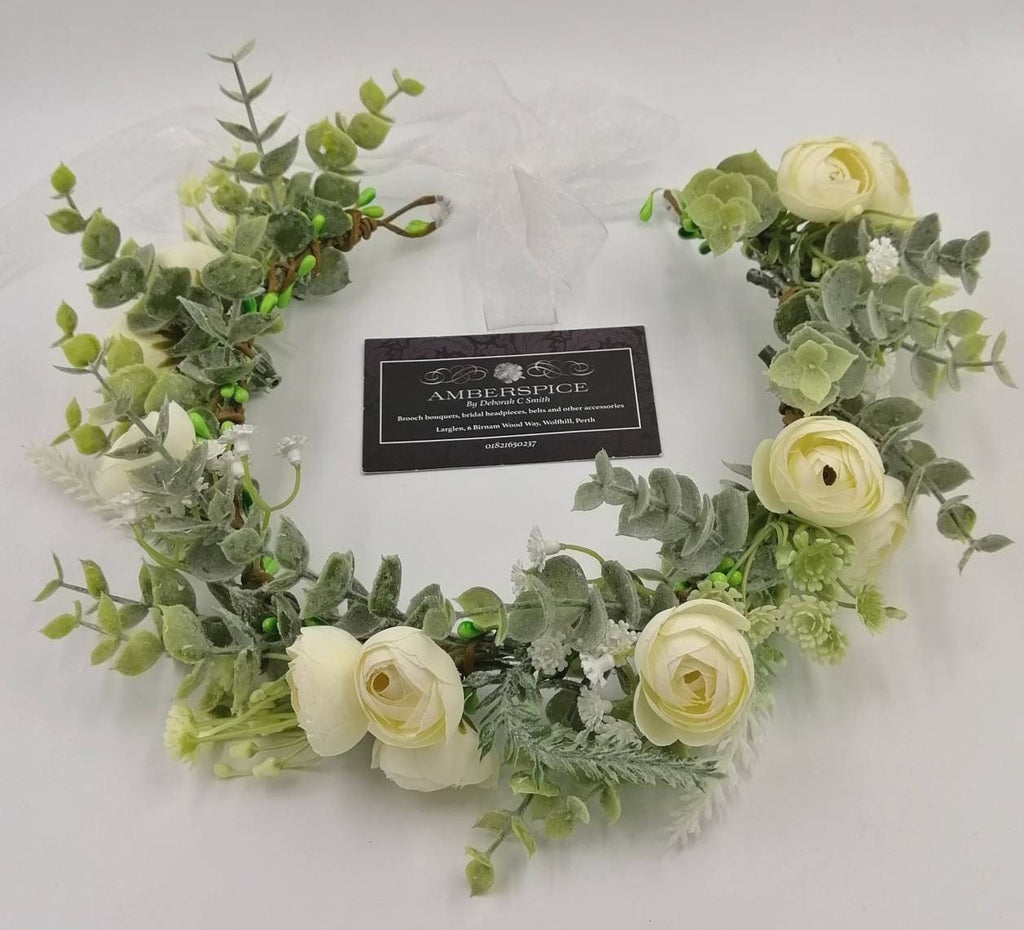 Artificial Eucalyptus Ranunculus Flower Crown, Ivory Organza Ribbon, Bridal Headpiece