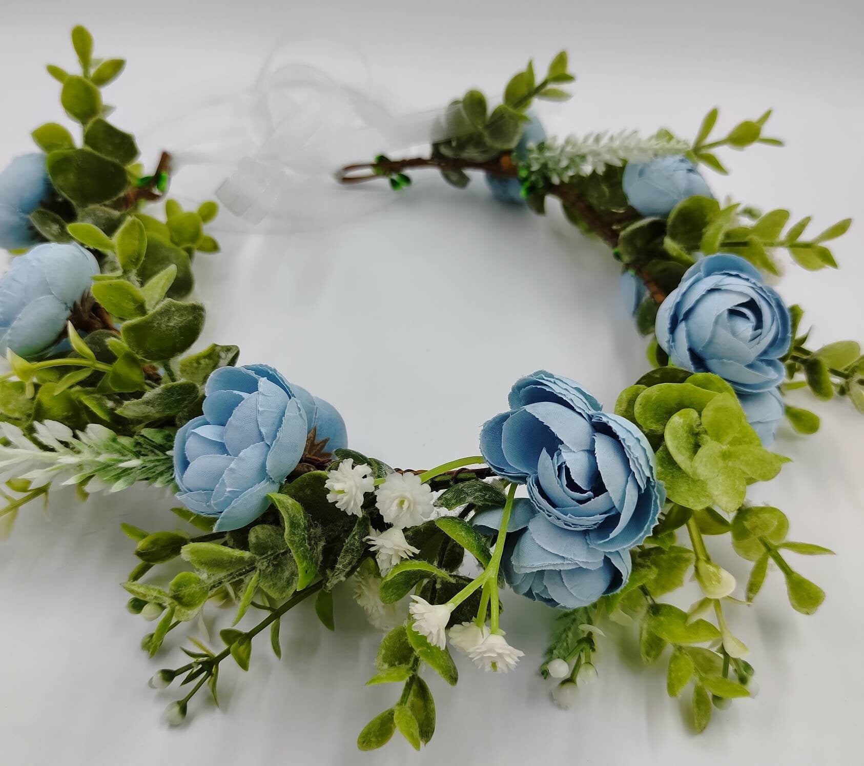 Flower crown, flower coronet, floral and eucalyptus crown, hair wreath, flower hair wreath, bohemian flower crown, something blue