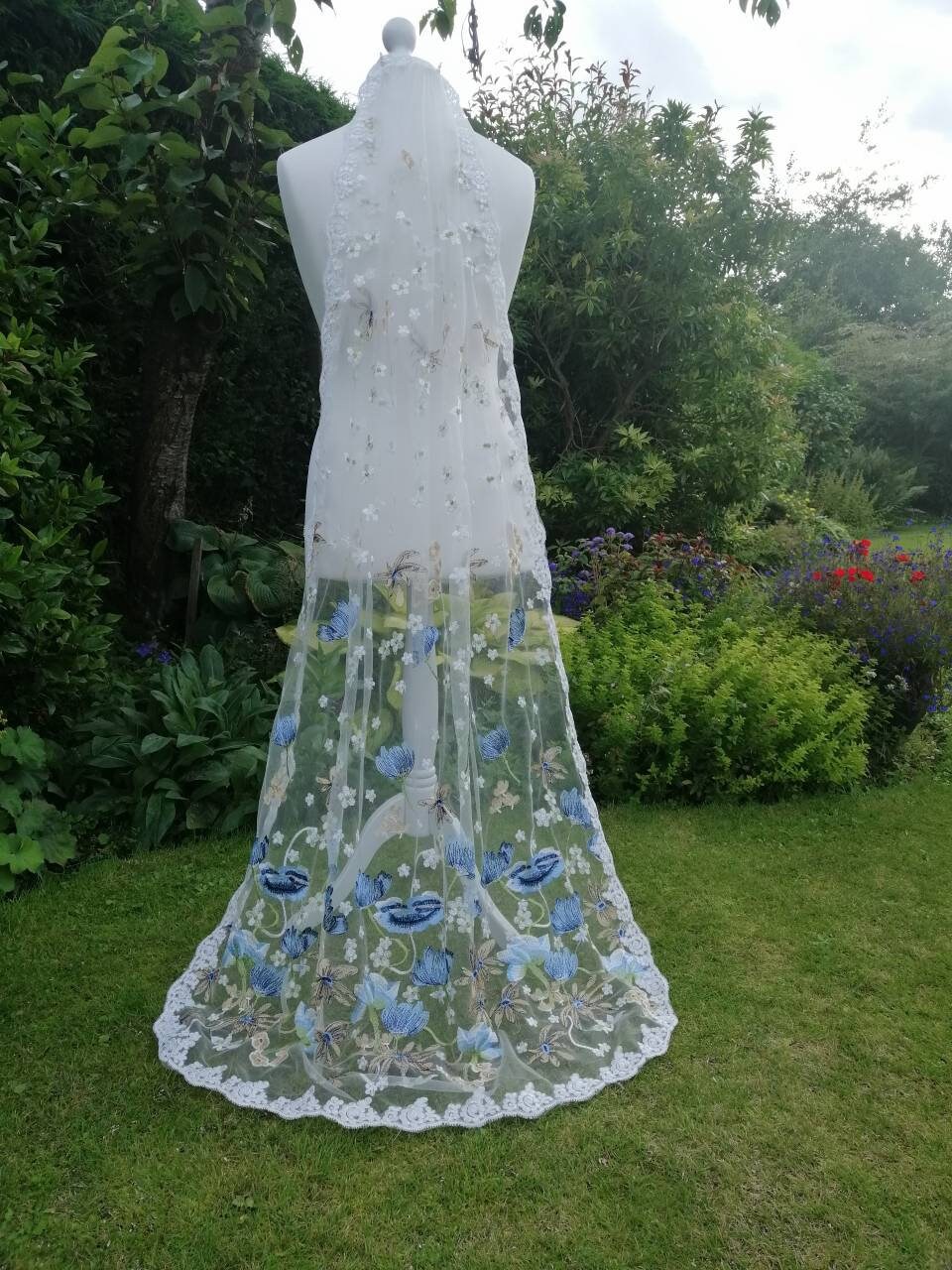Floral veil, Flower veil, something blue, Floral veil ,secret garden veil, boho veil,  wild flower veil, embroidered veil, blue floral veil