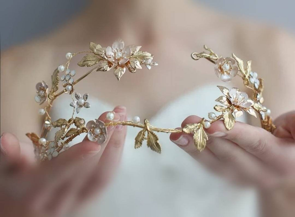 Bridal headpiece, tiara, flower vine, forehead vine, gold headpiece, flower and leaf crown, scull cap hair accessory, pearl and gold vine