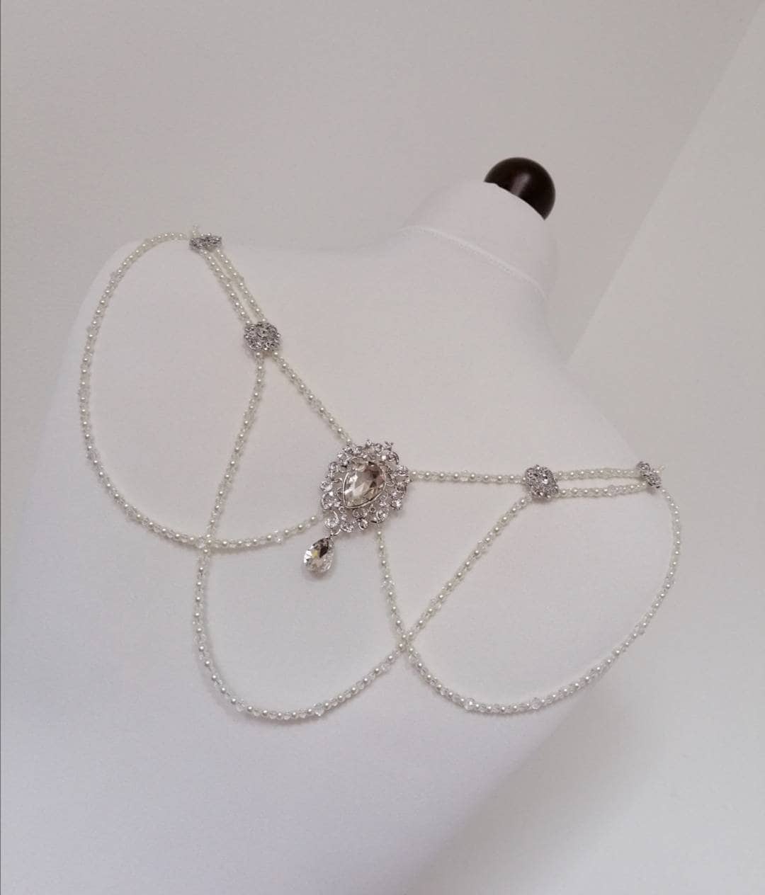 Bridal Back Drape, Clear Crystal Gatsby Necklace, Ivory Pearl Dress Adornment