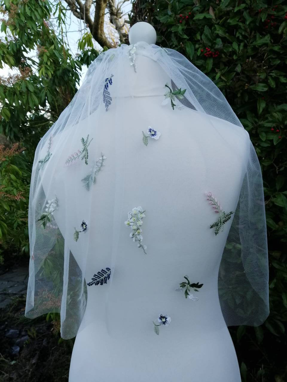Flower veil, Floral veil ,shoulder length, pansy veil, boho veil,  wild flower veil, embroidered veil, short veil, veil,