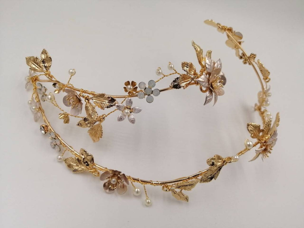 Bridal headpiece, tiara, flower vine, forehead vine, gold headpiece, flower and leaf crown, scull cap hair accessory, pearl and gold vine