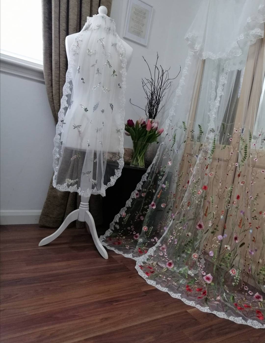 Flower veil, Floral veil ,secret garden veil, boho veil,  wild flower veil, embroidered veil, flower and fawna, romantic veil,bridal veil