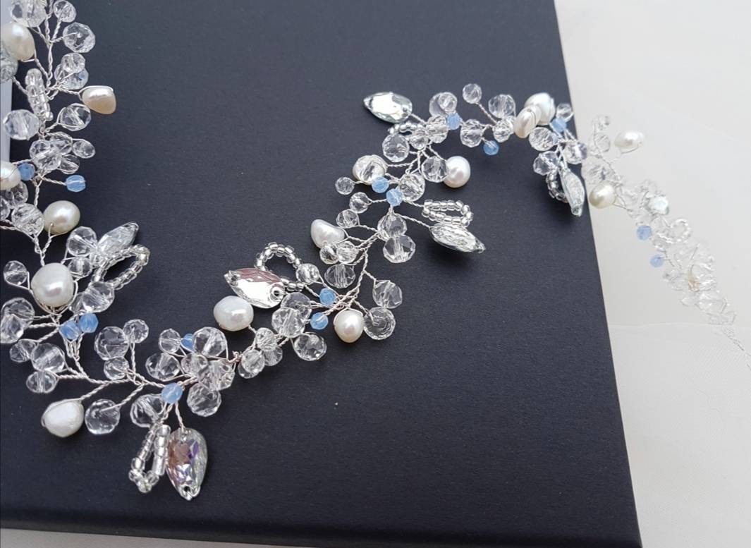 Hair vine , bridal halo, crystal hair vine, something blue, diamante and crystal headpiece, bridal crown, crystal wreath, vine