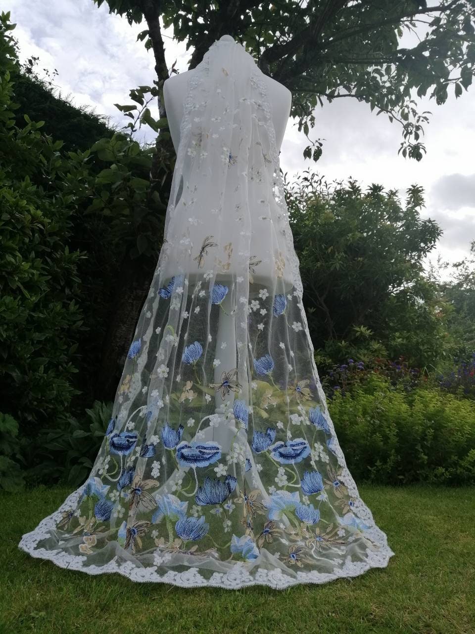 Floral veil, Flower veil, something blue, Floral veil ,secret garden veil, boho veil,  wild flower veil, embroidered veil, blue floral veil