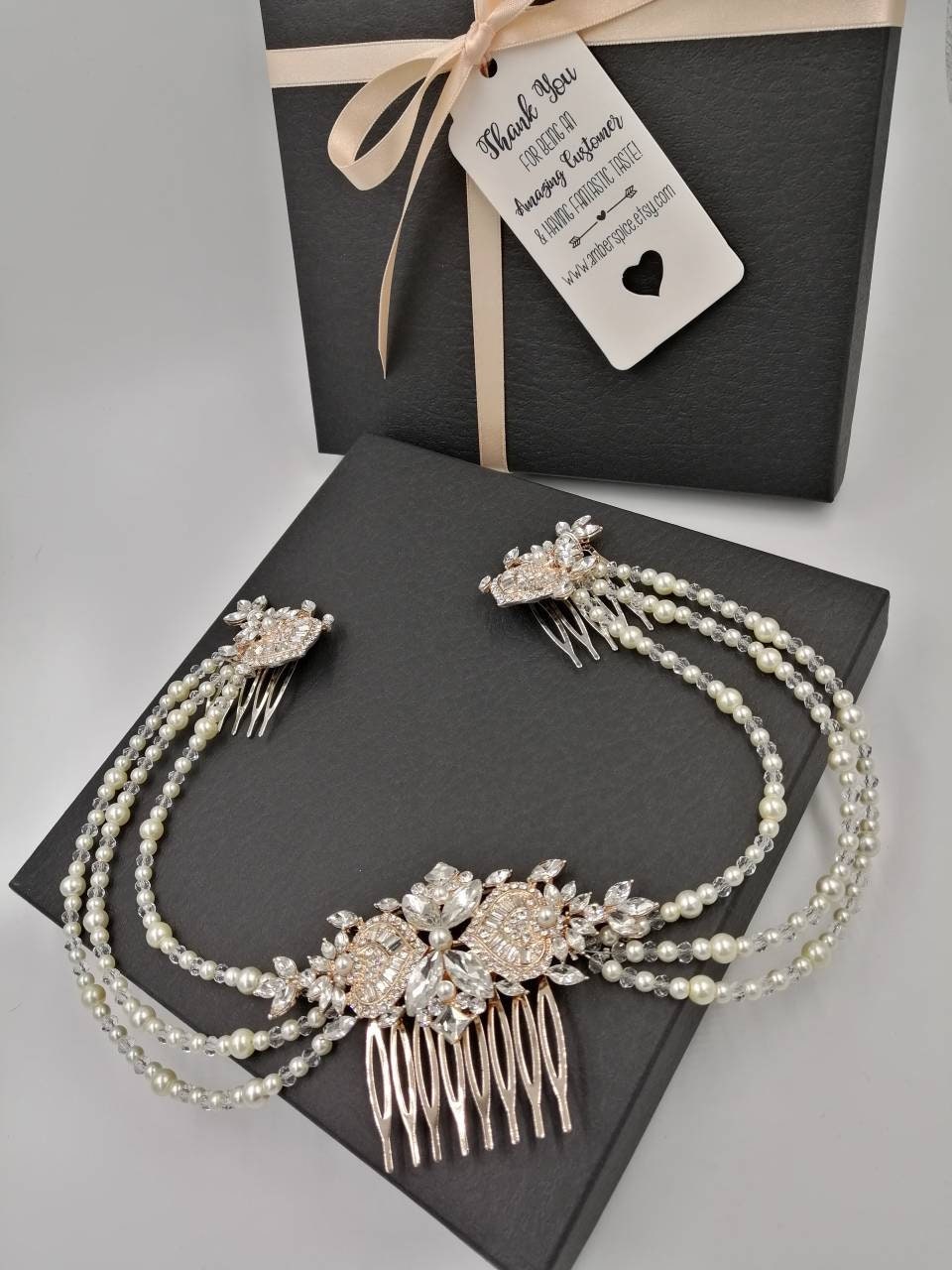 Gold Pearl Crystal Bridal Hair Combs, Art Deco Gatsby Headpiece