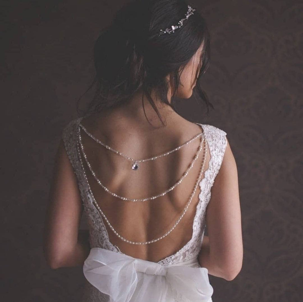 Bridal Back Drape Necklace, Crystal Pearl Wedding Dress Attachment