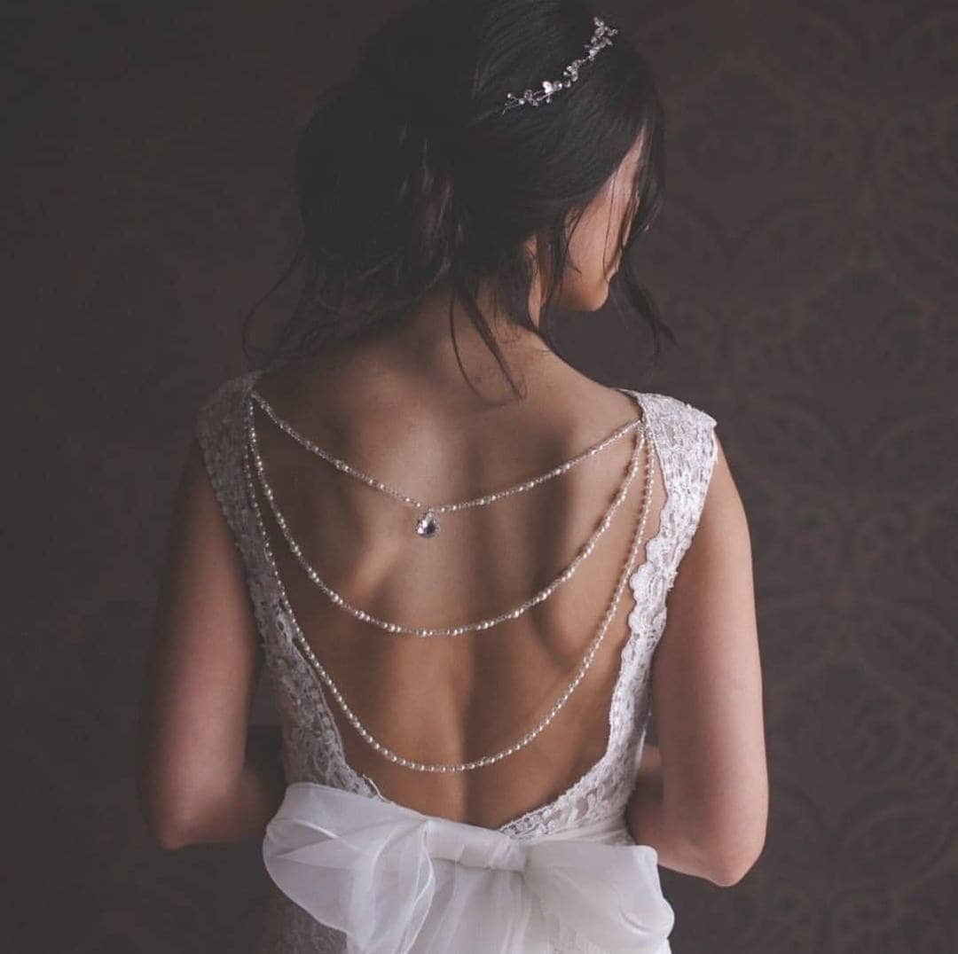 Bridal Back Drape Necklace, Crystal Pearl Wedding Dress Attachment