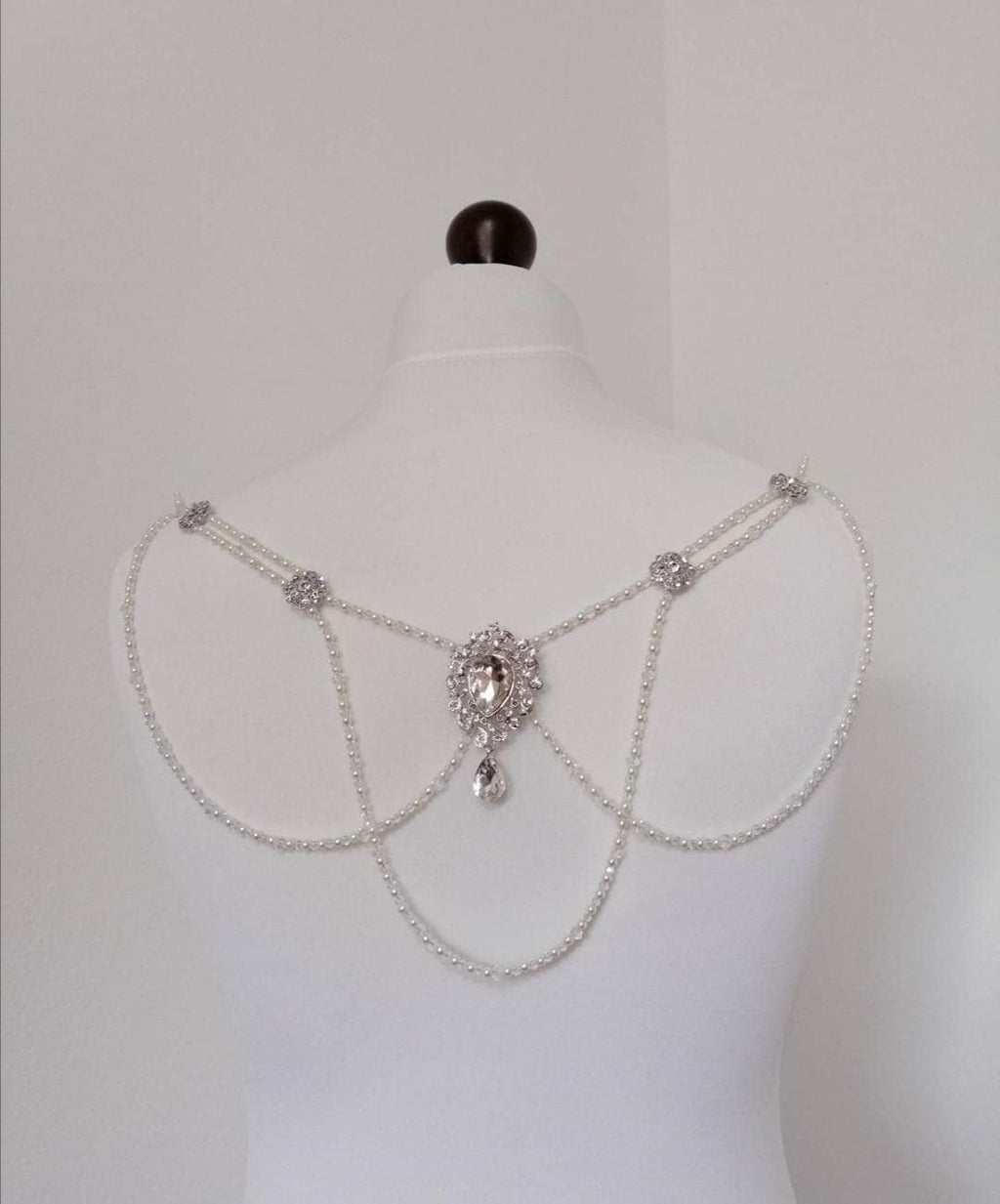Bridal Back Drape, Clear Crystal Gatsby Necklace, Ivory Pearl Dress Adornment