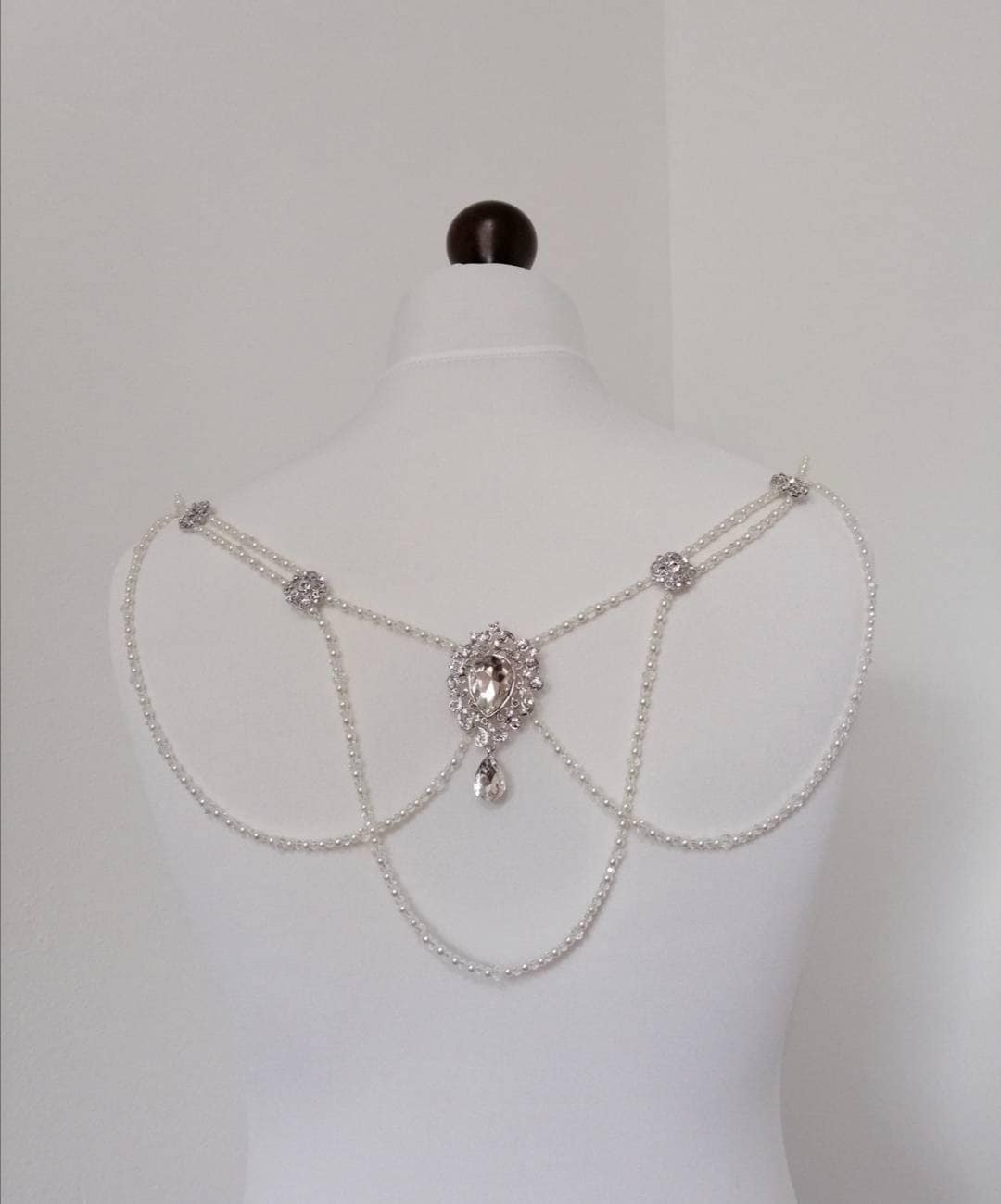 Bridal Back Drape, Clear Crystal Gatsby Necklace, Ivory Pearl Dress Adornment