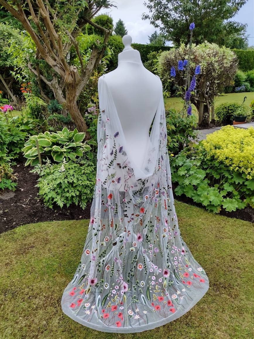 Floral draped cape, draped dress attachment,Flower veil, Floral veil ,secret garden veil, boho veil,  wild flower veil, embroidered veil