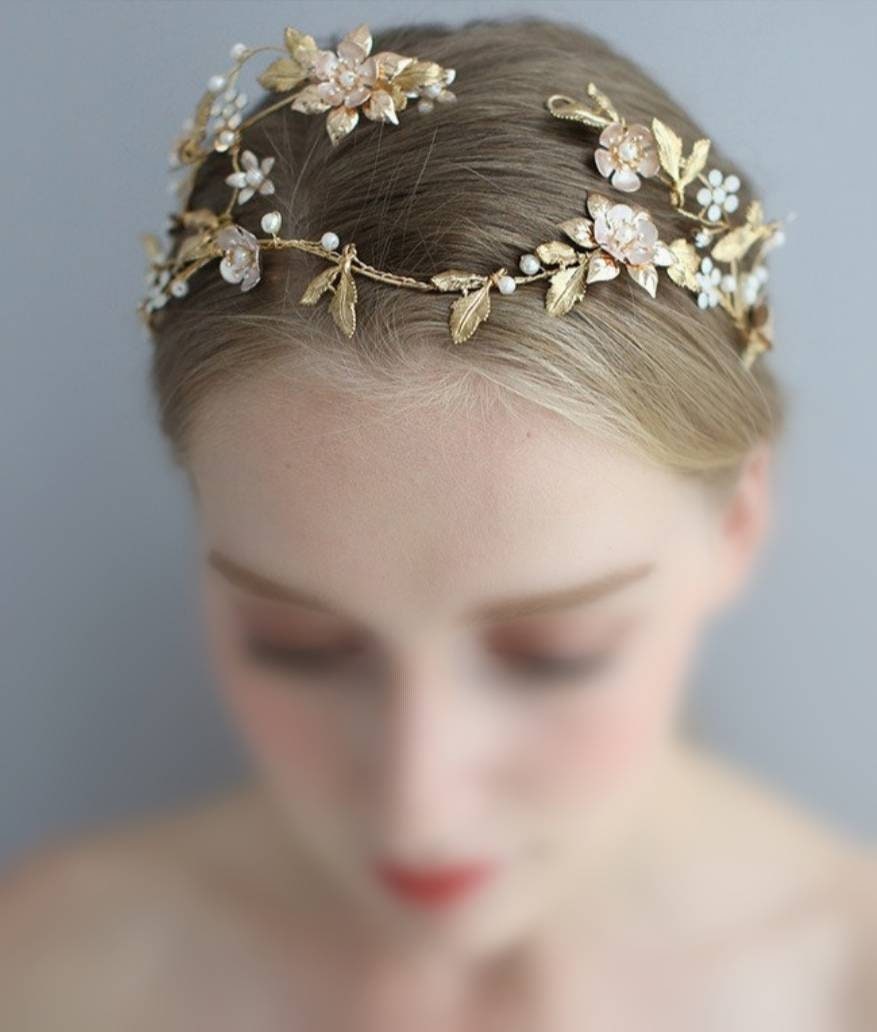 Bridal headpiece, tiara, flower vine, forehead vine, gold headpiece, flower and leaf crown, scull cap hair accessory, pearl and gold vine