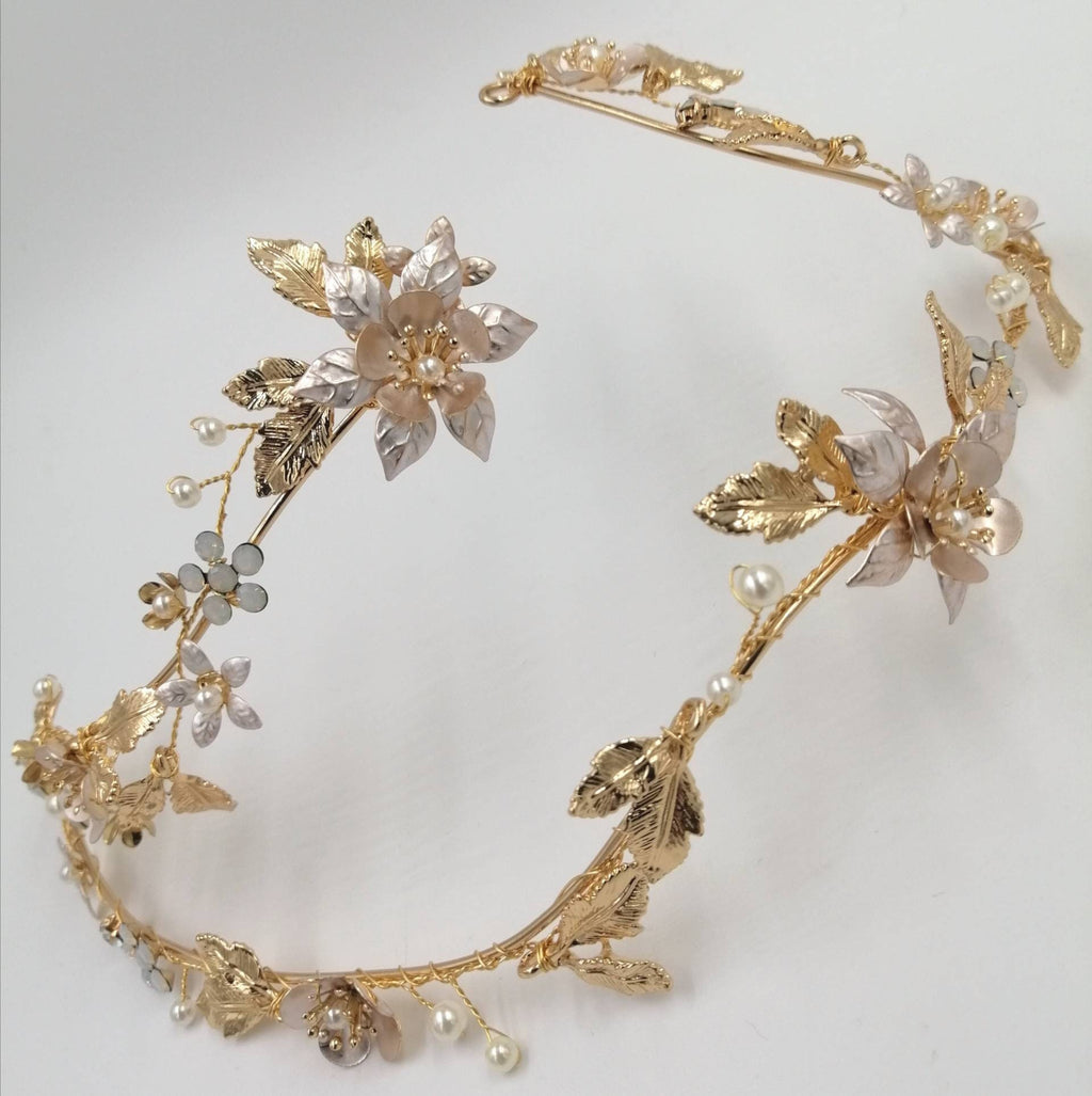 Bridal headpiece, tiara, flower vine, forehead vine, gold headpiece, flower and leaf crown, scull cap hair accessory, pearl and gold vine