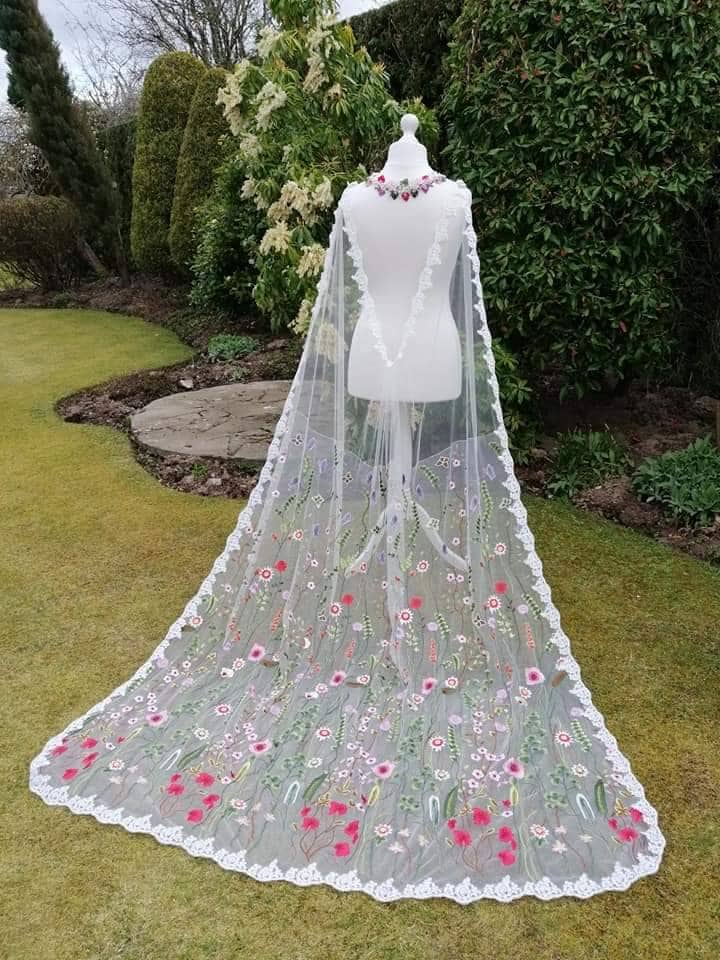 Floral draped cape, draped dress attachment,Flower veil, Floral veil ,secret garden veil, boho veil,  wild flower veil, embroidered veil