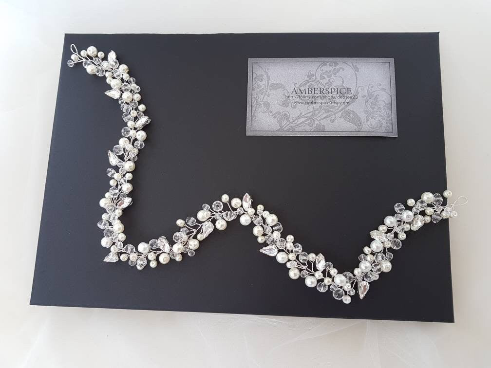 Hair vine, bridal pearl vine, crystal and pearl circlet, pearl vine,diamante vine, bridal halo, bohemian headpiece,  wedding hair accessory,