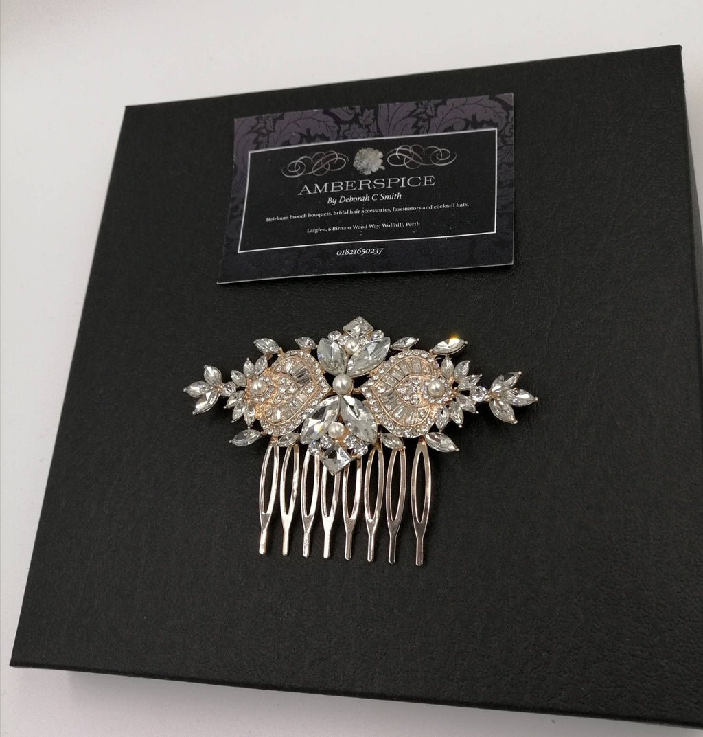 Art Deco Gold Diamante Bridal Hair Comb, 1920's Gatsby Style Slide