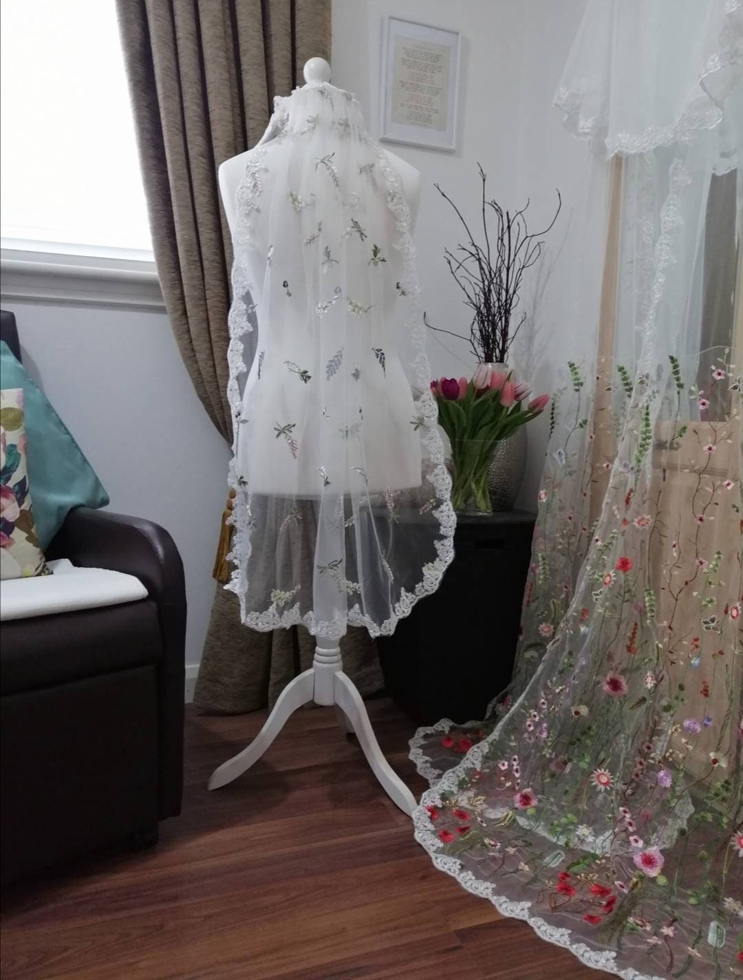 Flower veil, Floral veil ,secret garden veil, boho veil,  wild flower veil, embroidered veil, flower and fawna, romantic veil,bridal veil