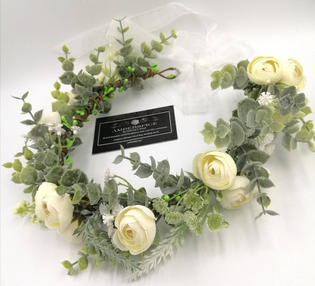 Artificial Eucalyptus Ranunculus Flower Crown, Ivory Organza Ribbon, Bridal Headpiece