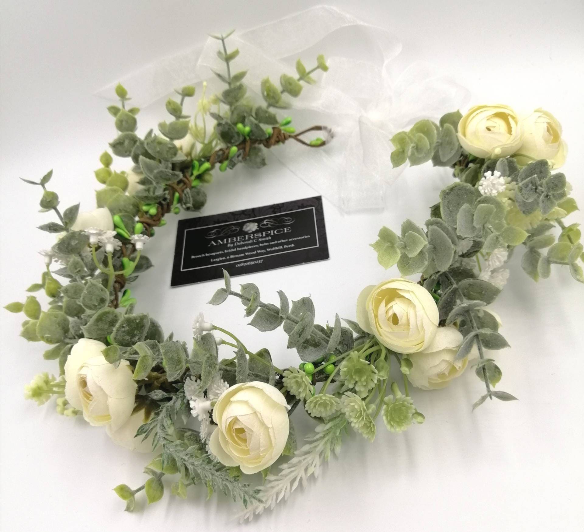 Artificial Eucalyptus Ranunculus Flower Crown, Ivory Organza Ribbon, Bridal Headpiece