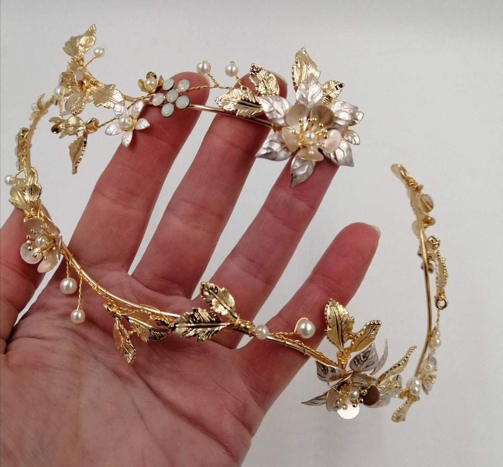 Bridal headpiece, tiara, flower vine, forehead vine, gold headpiece, flower and leaf crown, scull cap hair accessory, pearl and gold vine