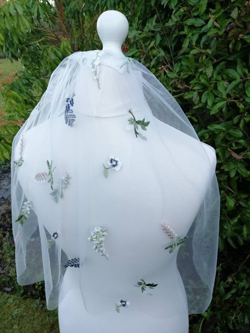 Flower veil, Floral veil ,shoulder length, pansy veil, boho veil,  wild flower veil, embroidered veil, short veil, veil,