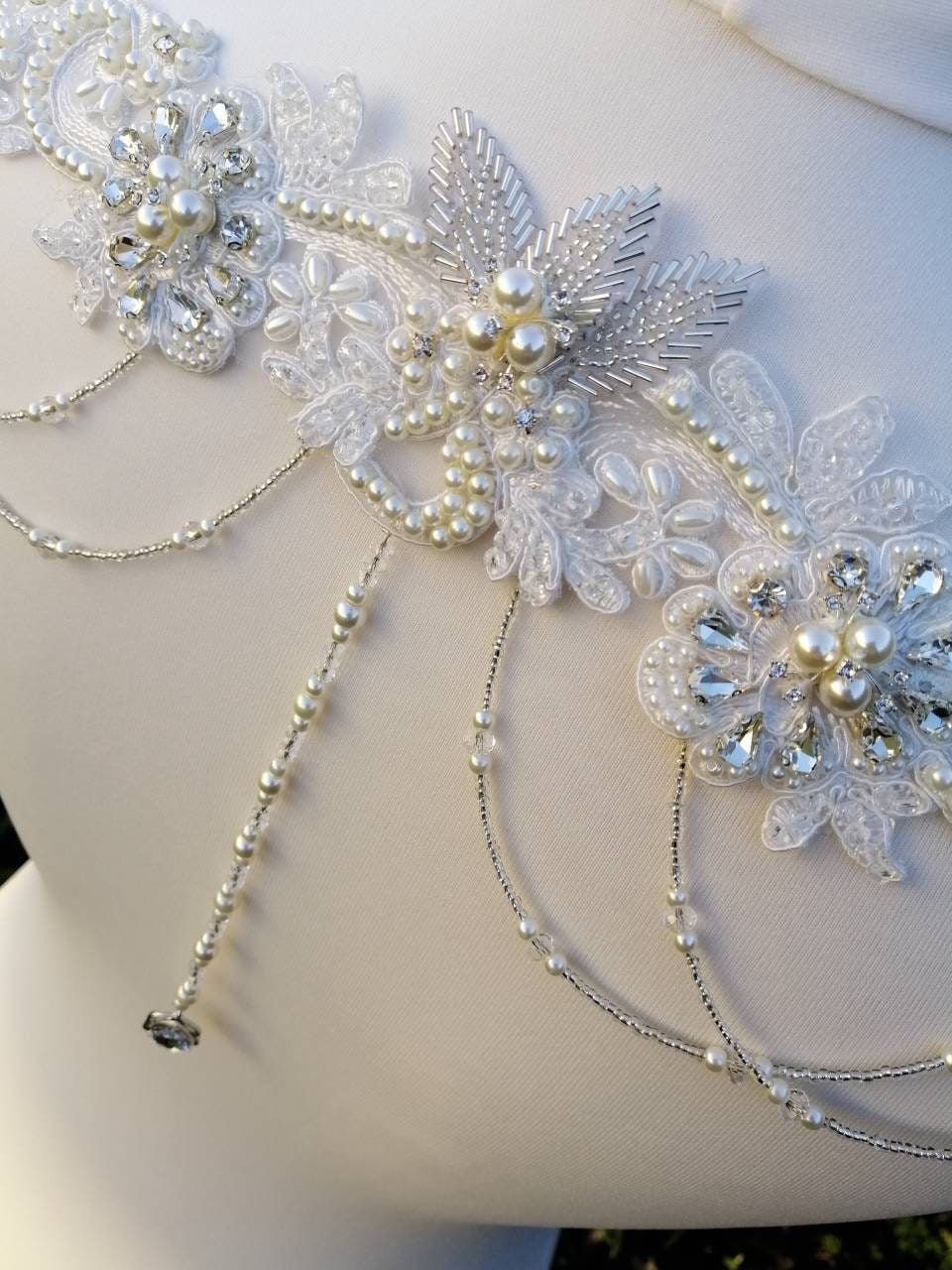 Back drape,lace drape, backless dress drape, beaded drape, dress adornment, crystal drapes, wedding dress drapes, dress embellishment,