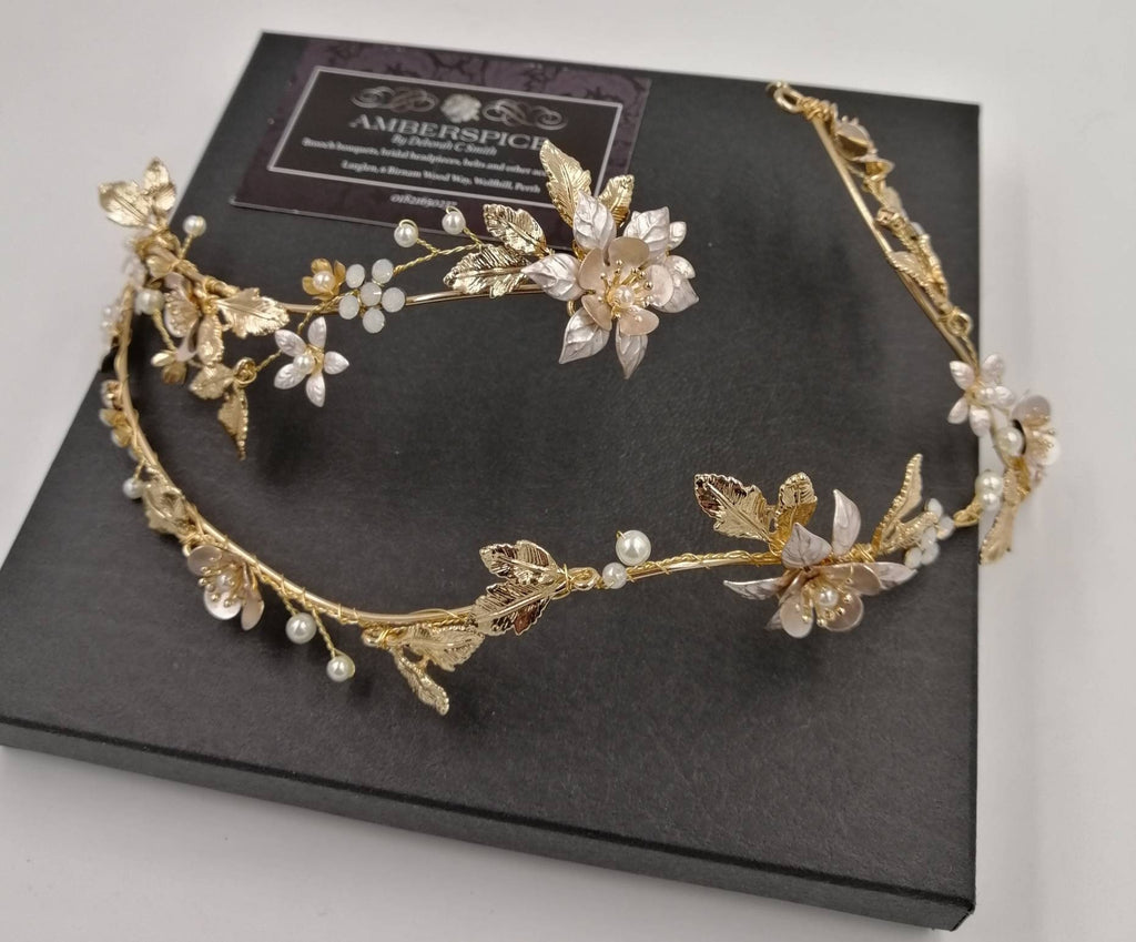 Bridal headpiece, tiara, flower vine, forehead vine, gold headpiece, flower and leaf crown, scull cap hair accessory, pearl and gold vine
