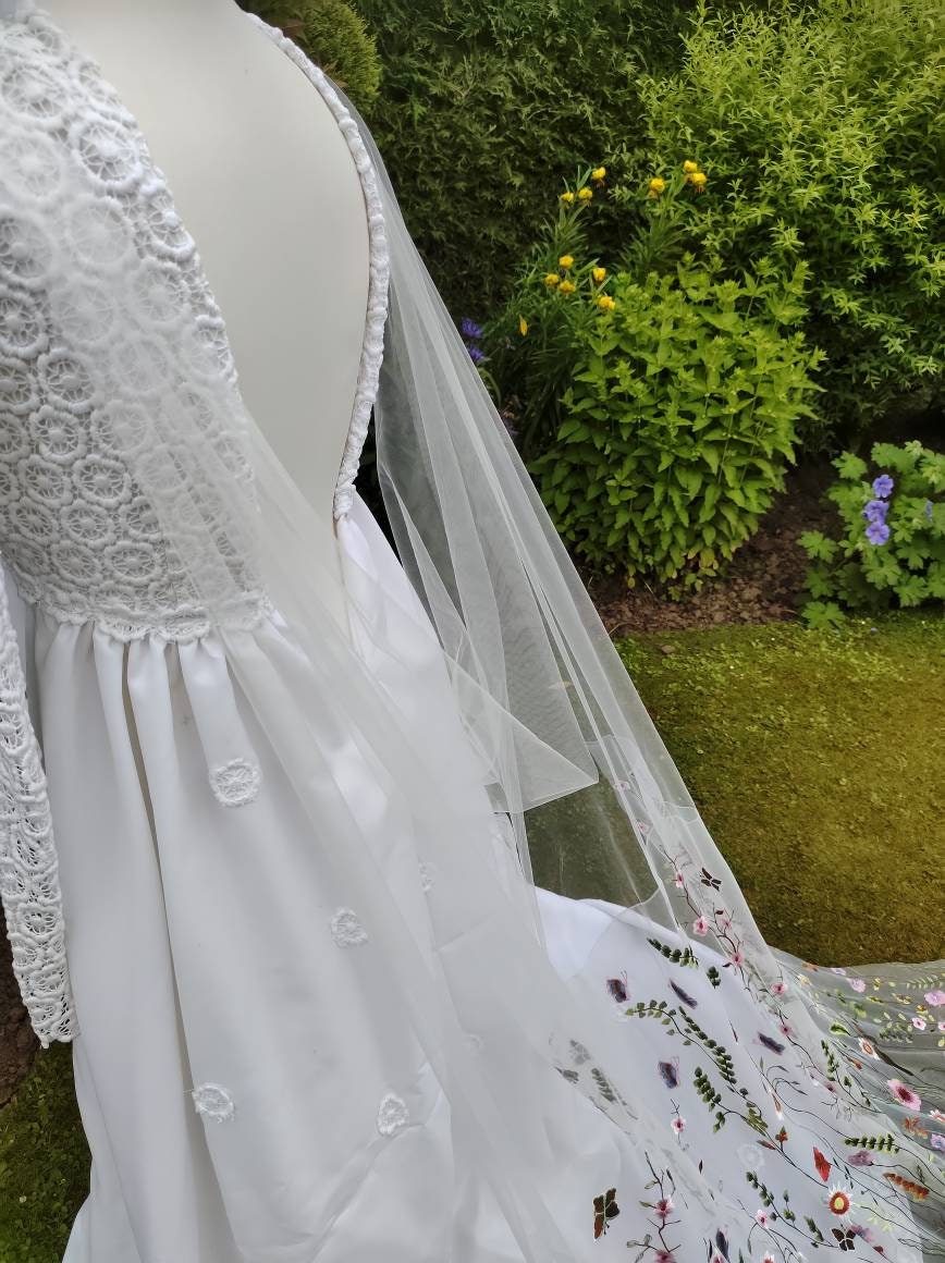 Floral draped cape, draped dress attachment,Flower veil, Floral veil ,secret garden veil, boho veil,  wild flower veil, embroidered veil