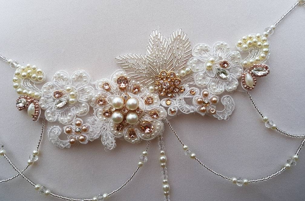 Back drape,lace drape, backless dress drape, beaded drape, dress adornment, crystal drapes, wedding dress drapes, dress embellishment,